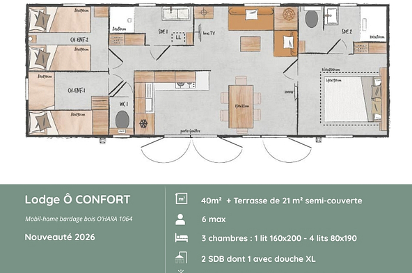 Plan du Lodge &Ocirc; CONFORT pr&eacute;sentant l\'agencement de 3 chambres, 2 salles de bains, un s&eacute;jour avec cuisine &eacute;quip&eacute;e et une terrasse semi-couverte de 21 m&sup2;.