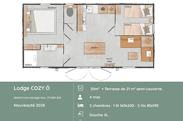 Plan du Lodge &Ocirc; COZY 804 pr&eacute;sentant deux chambres, une salle de bains avec douche XL, une cuisine ouverte, un s&eacute;jour et une terrasse semi-couverte de 21 m&sup2;.