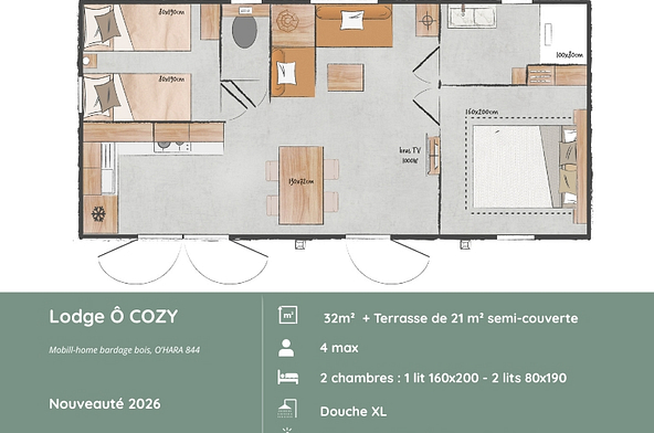 Plan d\'am&eacute;nagement du Lodge &Ocirc; COZY \"844\" avec deux chambres, s&eacute;jour, cuisine &eacute;quip&eacute;e, salle de bains et terrasse semi-couverte de 21 m&sup2;.