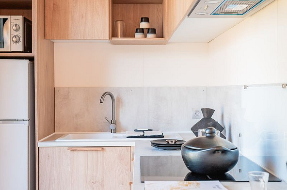 Cuisine ouverte sur la terrasse XXL dans le Lodge ö - côté cuisine au Domaine de Mesqueau