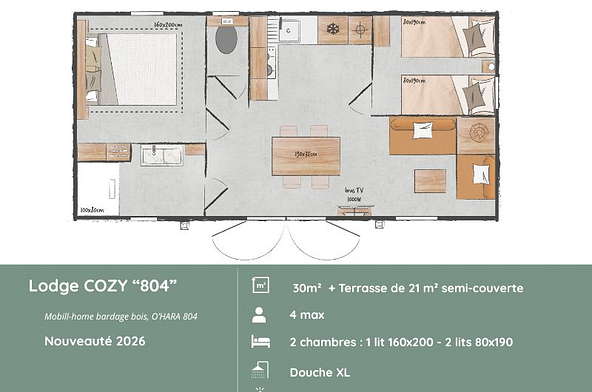 Plan du Lodge COZY &laquo; 804 &raquo;, mobil-home avec 2 chambres pour 4 personnes, espaces optimis&eacute;s, &eacute;quipements modernes et confort optimal pour un s&eacute;jour en Bretagne, proche de la mer.