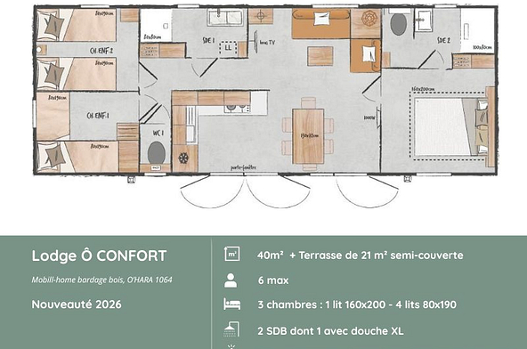 Plan d&eacute;taill&eacute; du Lodge &Ocirc; CONFORT, mobil-home premium pour 6 personnes avec 3 chambres ind&eacute;pendantes, 2 salles de bains, &eacute;quipements modernes et espaces optimis&eacute;s pour un s&eacute;jour confortable en Bretagne, proche de la mer.
