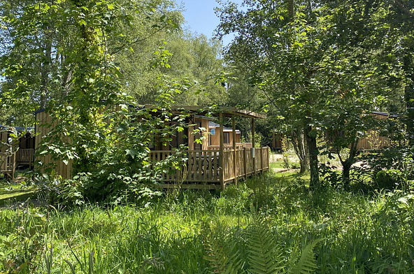 Lodge &Ocirc; COZY 804 en bardage bois avec terrasse semi-couverte au c&oelig;ur d\'un environnement arbor&eacute; du Domaine de Mesqueau.