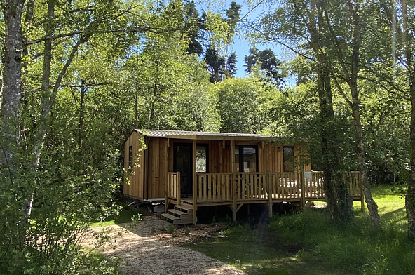 Lodge &Ocirc; COZY \"844\" avec terrasse en bois install&eacute; sous de grands arbres dans un environnement calme et verdoyant.