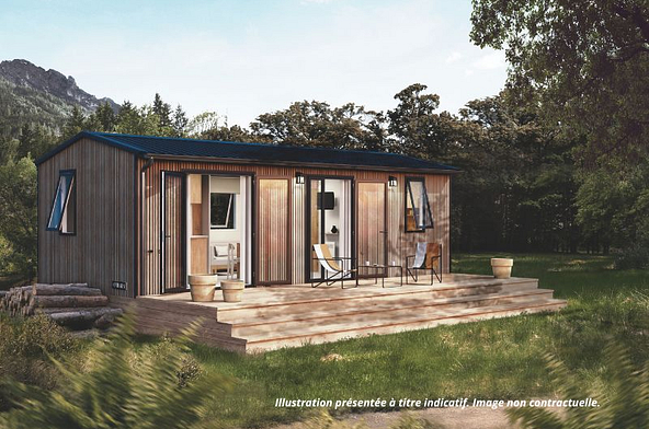 Lodge Ô – Côté Cuisine avec terrasse couverte, cuisine ouverte et grandes baies vitrées au Camping Mesqueau