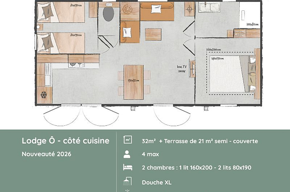 Plan du Lodge Ô – Côté Cuisine avec 2 chambres, cuisine ouverte et terrasse couverte au Camping Mesqueau