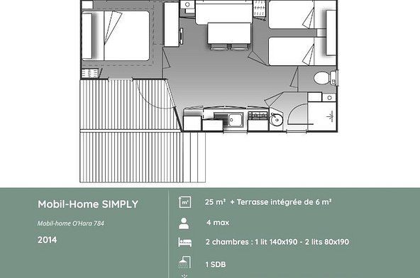 Plan du mobil-home SIMPLY 2 chambres au Domaine de Mesqueau, h&eacute;bergement pour 4 personnes, am&eacute;nagement familial en Bretagne