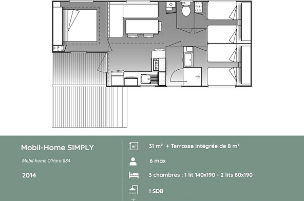 Plan du mobil-home SIMPLY 3 chambres au Domaine de Mesqueau, h&eacute;bergement fonctionnel pour 6 personnes, am&eacute;nagement simple en Bretagne