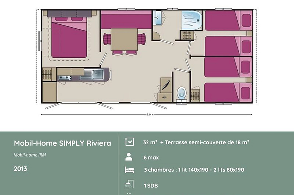 Plan du mobil-home SIMPLY RIVIERA 3 chambres au Domaine de Mesqueau, h&eacute;bergement pour 6 personnes, am&eacute;nagement familial en Bretagne