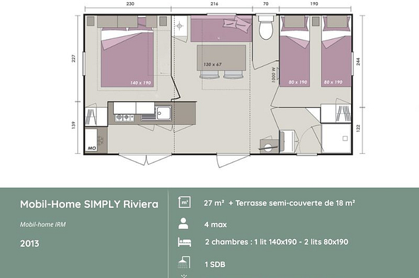 Plan du mobil-home SIMPLY RIVIERA 2 chambres au Domaine de Mesqueau, h&eacute;bergement pour 4 personnes, am&eacute;nagement fonctionnel en Bretagne