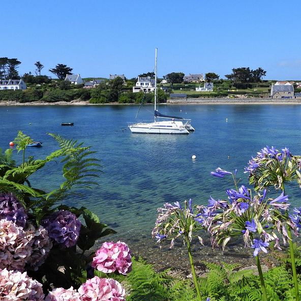 Vue pittoresque du port breton avec des bateaux amarr&eacute;s, des maisons traditionnelles et des fleurs color&eacute;es, pr&egrave;s du camping Domaine de Mesqueau &agrave; Plougasnou.