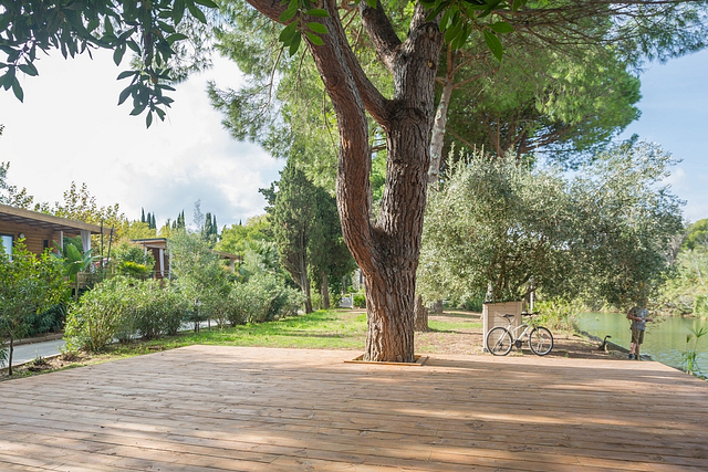 Lodge-Viertel am Flussufer mit hölzerner Einstiegsbrücke - Campingplatz Fréjus Ecolodge L‘Etoile d\'Argens