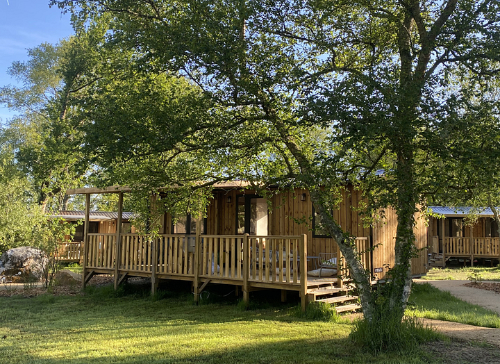 Lodge Ô COZY 804 en bardage bois avec terrasse semi-couverte au cœur d\'un environnement arboré du Domaine de Mesqueau.