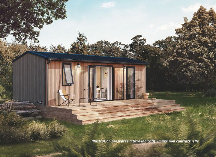 Lodge &Ocirc; - c&ocirc;t&eacute; salon -moderne en bois avec terrasse couverte, h&eacute;bergement tout confort pour 4 personnes au camping &agrave; Mesqueau